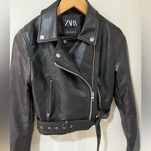 Zara Black Faux Leather Moto Jacket with Silver Accents